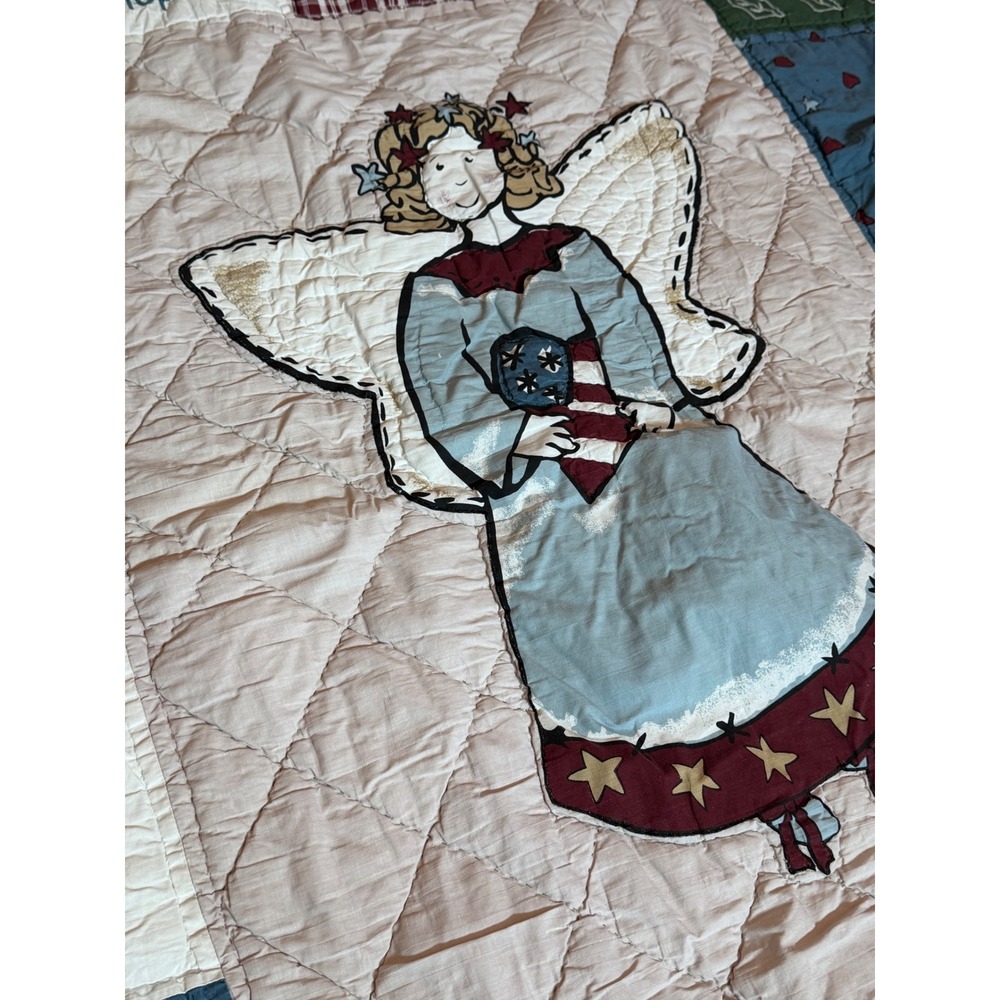Vintage Primitive Folk Art Angel Patchwork Quilt Throw Americana Country Decor - Picture 2 of 6